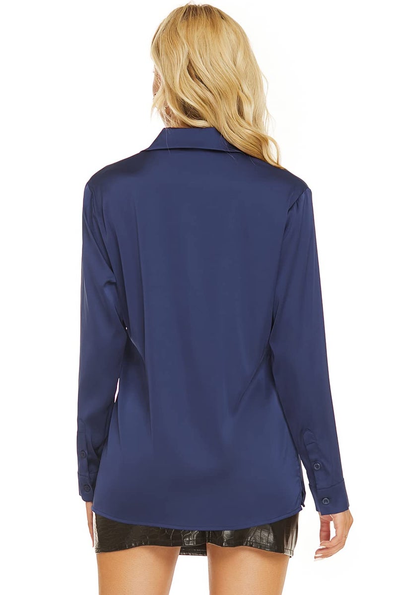 Escalier Women's Satin Silk Long Sleeve Button Down Shirt Casual Work Office Silky Blouse Top Navy M - Image 5